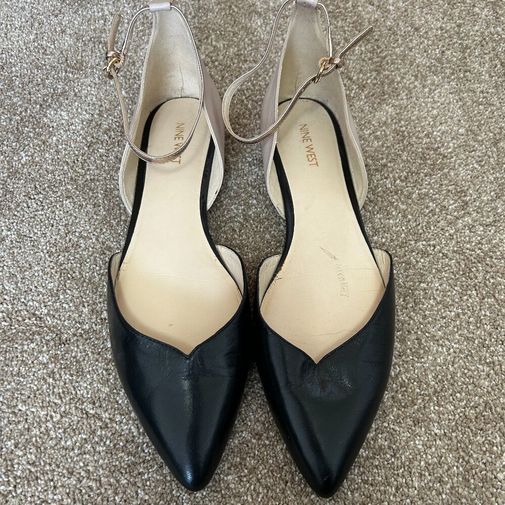 Nine West Sundew Ballet Flats with Ankle Strap - Black & Beige - 11